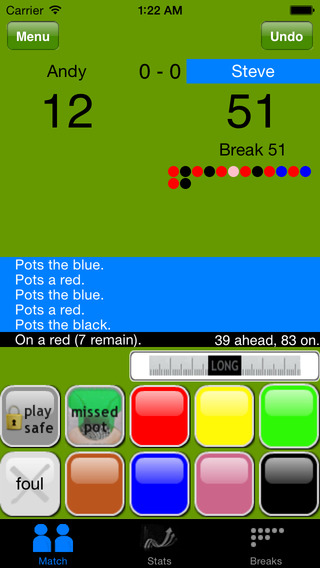 snooker app main menu Screenshot from the iPhone app